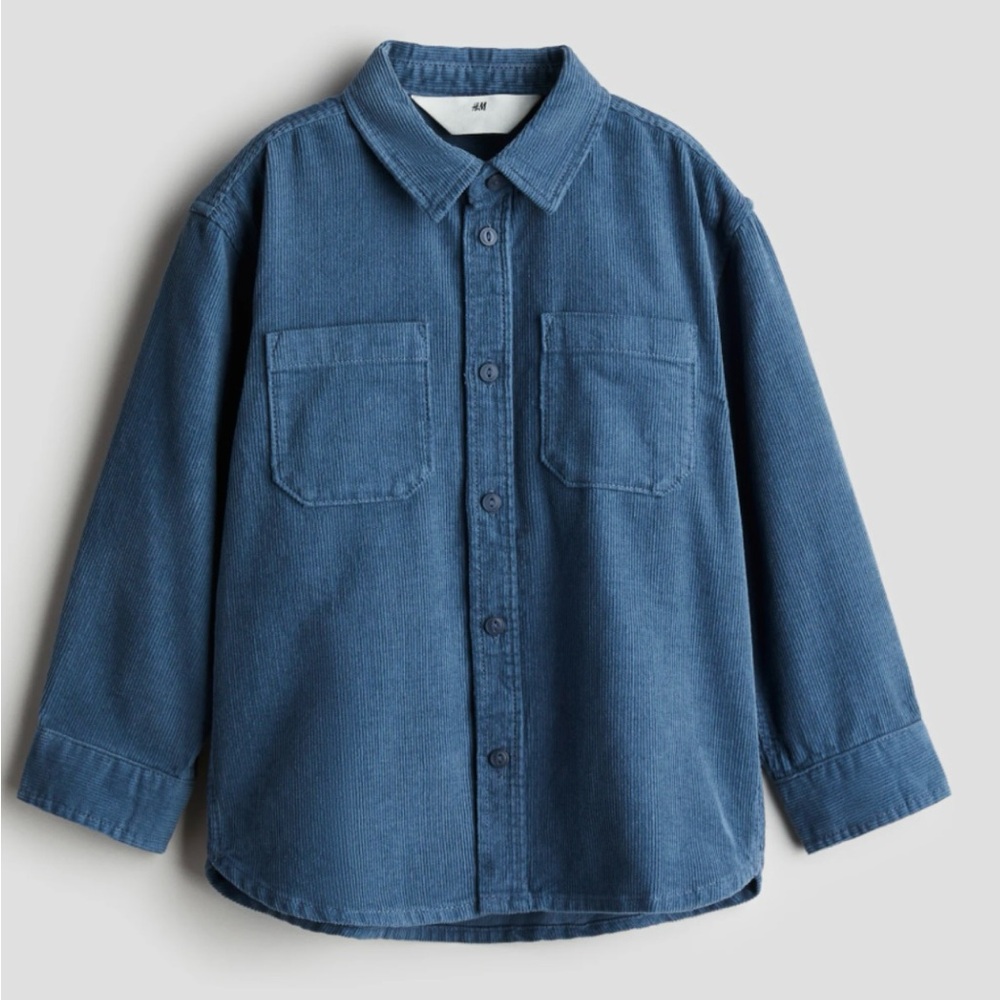 NWT H&M Boys size 7 Grayish blue/Navy Corduroy Shirt button up Long Sleeve